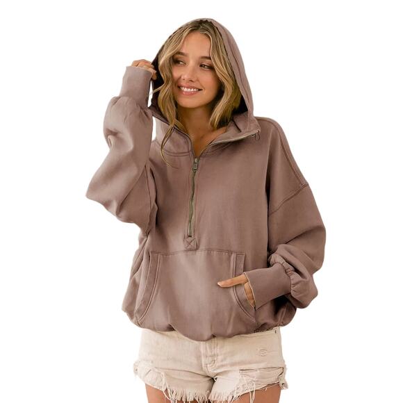 Copied - BiBi Stitch Detailed Elastic Hem Half Zip Fleece Hoodie - Picture 4 of 4